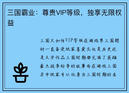 三国霸业：尊贵VIP等级，独享无限权益